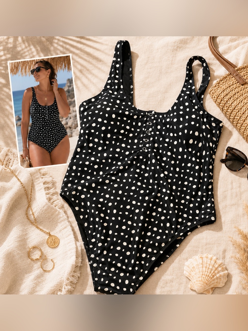 Aerie XL Black White Polka Dot Henley One Piece Swimsuit Women’s Retro Swimwear